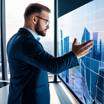 A professional Polish man, fully clothed in a modest business suit, standing in a sleek, futuristic office. He is interacting with a translucent holographic display showing a detailed 3D map of virtual land plots and abstract blockchain data. The background features large windows looking out onto a modern city skyline. The image conveys themes of digital ownership and economic opportunity in the Metaverse. Appropriate attire, safe for work, perfect anatomy, natural pose, correct proportions, well-formed hands, proper finger count, natural body proportions, professional photography, high quality, professional.
