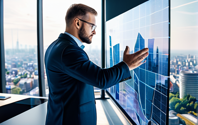 A professional Polish man, fully clothed in a modest business suit, standing in a sleek, futuristic office. He is interacting with a translucent holographic display showing a detailed 3D map of virtual land plots and abstract blockchain data. The background features large windows looking out onto a modern city skyline. The image conveys themes of digital ownership and economic opportunity in the Metaverse. Appropriate attire, safe for work, perfect anatomy, natural pose, correct proportions, well-formed hands, proper finger count, natural body proportions, professional photography, high quality, professional.