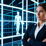 A professional, visionary woman, fully clothed in a modest, modern business suit, standing confidently in a dynamic scene where a sleek, physical office environment seamlessly merges with futuristic, glowing metaverse elements. Digital interfaces, holographic projections, and abstract network lines float around her, representing the blurring boundaries of reality. Her expression is thoughtful and forward-looking, embodying adaptive leadership. The image should feature perfect anatomy, correct proportions, a natural pose, well-formed hands, proper finger count, and natural body proportions, ensuring safe for work and appropriate content. The professional lighting is soft and cinematic, creating a high-quality, family-friendly depiction.