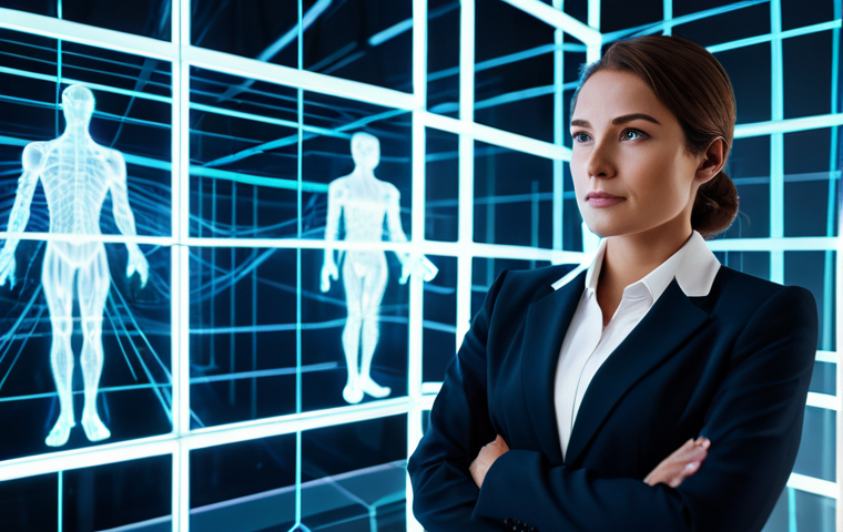 A professional, visionary woman, fully clothed in a modest, modern business suit, standing confidently in a dynamic scene where a sleek, physical office environment seamlessly merges with futuristic, glowing metaverse elements. Digital interfaces, holographic projections, and abstract network lines float around her, representing the blurring boundaries of reality. Her expression is thoughtful and forward-looking, embodying adaptive leadership. The image should feature perfect anatomy, correct proportions, a natural pose, well-formed hands, proper finger count, and natural body proportions, ensuring safe for work and appropriate content. The professional lighting is soft and cinematic, creating a high-quality, family-friendly depiction.