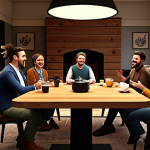 "Virtual Coffee Shop Gathering"**

A group of diverse, fully clothed avatars chatting and laughing in a cozy, stylized virtual coffee shop. Some are sitting at tables, others are standing near a digital fireplace. The coffee shop has a warm, inviting atmosphere with soft lighting and displays of virtual art. Everyone is engaged in friendly conversation. Safe for work, appropriate content, fully clothed, professional digital art, perfect anatomy, natural proportions, family-friendly.

**