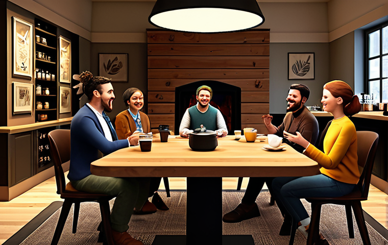 "Virtual Coffee Shop Gathering"**

A group of diverse, fully clothed avatars chatting and laughing in a cozy, stylized virtual coffee shop. Some are sitting at tables, others are standing near a digital fireplace. The coffee shop has a warm, inviting atmosphere with soft lighting and displays of virtual art. Everyone is engaged in friendly conversation. Safe for work, appropriate content, fully clothed, professional digital art, perfect anatomy, natural proportions, family-friendly.

**